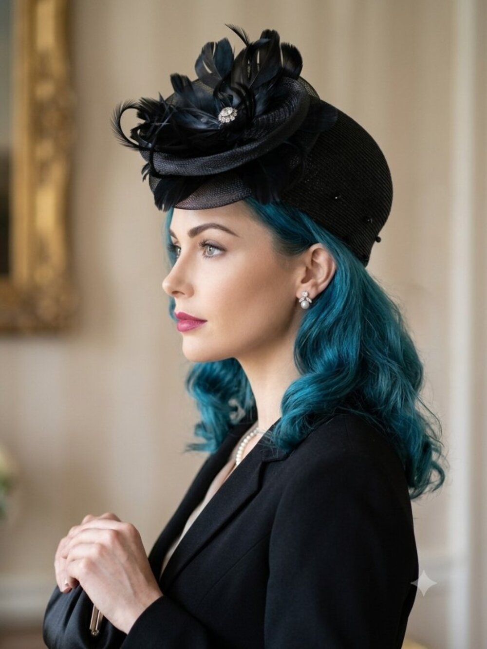 Vintage Black CelloStraw Fascinator-Style Hat Feather Rhinestone Mid Century Hat